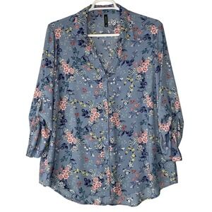Massini Top Blouse | Plus Size 1X Blue‎ Floral 3/4 Tabbed Sleeves Button Down Up
